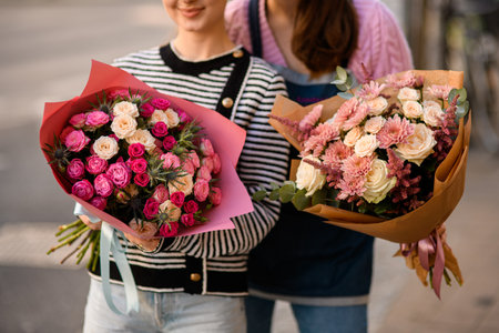great view on two flower bouquets in hands of womenの写真素材