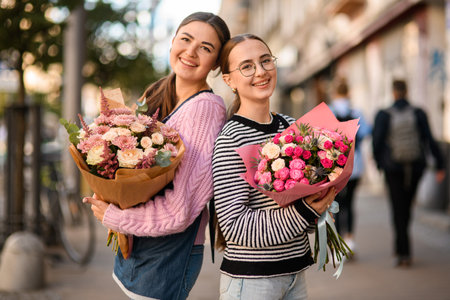two happy women with flower bouquets in their handsの写真素材
