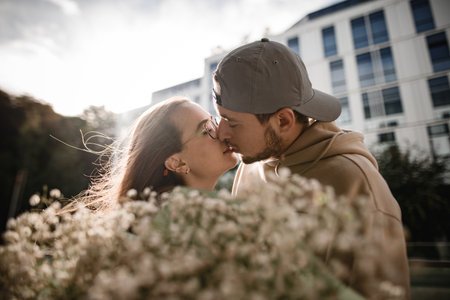 side view view of kissing young beautiful woman and man. Blurred floral bouquet in the foregroundの写真素材