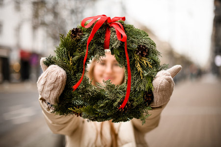 Selective focus on circle wreath of twigs of thuja in female hands.の写真素材