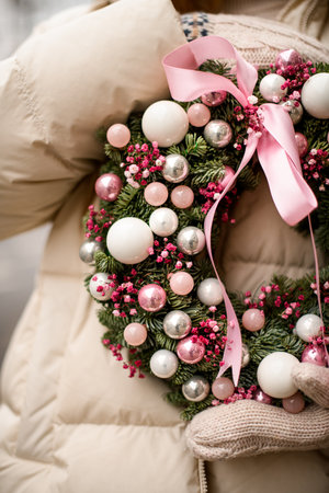 cropped photo of wreath of fir branches decorated with pink glitter balls and flowers and bow in female handsの写真素材