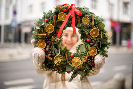 focus on beautiful wreath decorated with dry orange slices balls and ribbon in female handsの写真素材