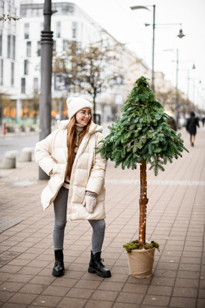 view on young woman near live Christmas tree in flower pot.の写真素材