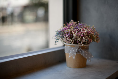 Close-up view of colorful gypsophila flowers in paper pot on windowsill by windowの写真素材