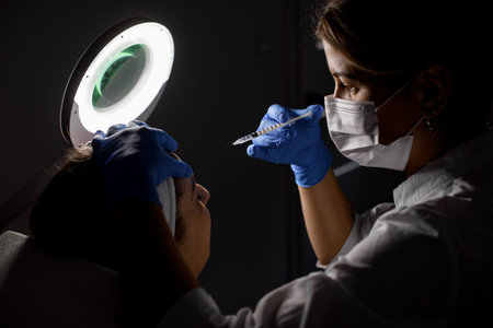 professional woman doctor in blue gloves making injection, holding syringe, touching female...