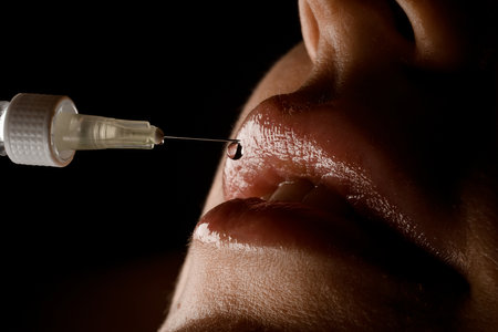 beautiful close-up of syringe needle with drop of the drug near the female lips. Lip augmentation.の写真素材