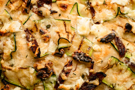 Close-up of pizza topping with mushrooms walnuts and zucchini slicesの写真素材