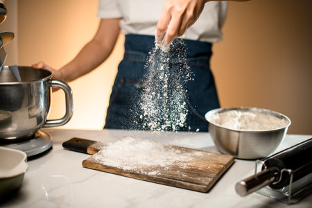 great view on hand of woman carefully pouring white flour on wooden cutting board on the tableの写真素材
