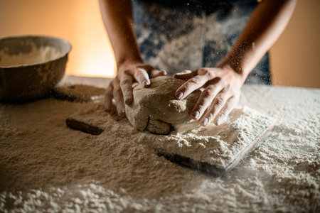 great view of powdery flour flying into air and female chef hands knead the dough