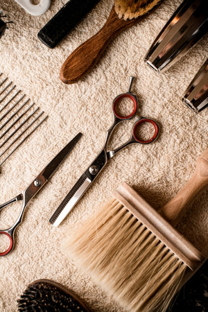 Hairdressers accessories. Top view. Barbershop. Combs and scissors.の写真素材
