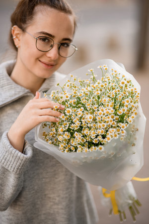 handsome woman with bouquet of white small camomile flowersの写真素材