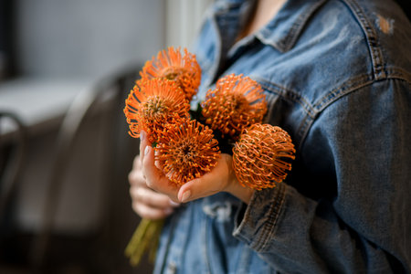 close-up of beautiful orange flowers of leucospermum in female handsの写真素材