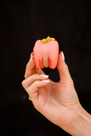 close-up of female hand neatly holds delicious sweet bright pink macaron on black background.の写真素材