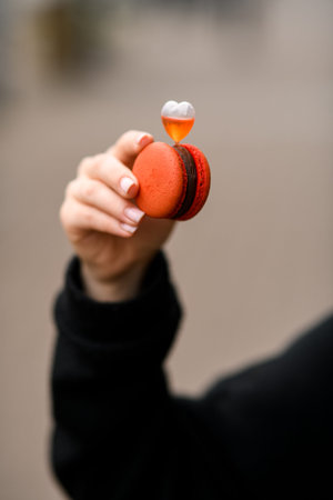 Womans hand with light maniqure holds delicious red macaron decorated with heart.