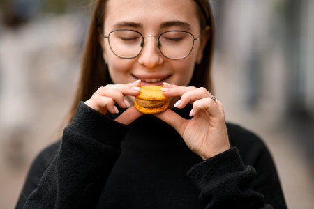 Young attractive woman is going to eat sweet delicious french macaroonの写真素材