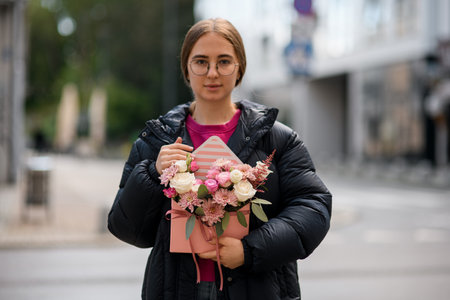 Very nice young woman standing in the street and holding bouquet of roses and chrysanthemums flowersの写真素材
