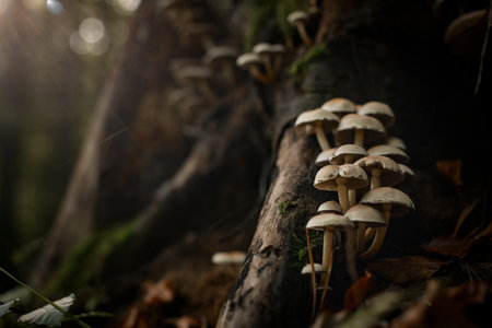 Close-up view of poisonous mushroom Hypholoma fasciculare grows in dark autumn forestの写真素材