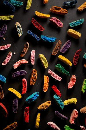 Variety of multicolored divided in half meringue macaroons on dark concrete background.の写真素材