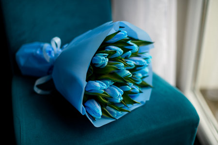 Side view of large bouquet of blue tulips wrapped in blue packing paper on blue velvet chairの写真素材