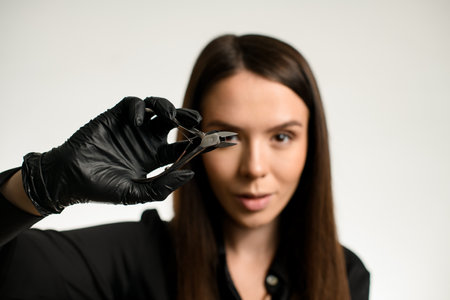 Cropped shot of stylish woman manicure master in black latex gloves holding nail clippers on white background.の写真素材
