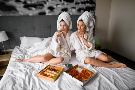 Two beautiful women in bathrobes enjoys champagne and food at hotelの写真素材