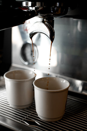 Process of making espresso on professional coffee machine in coffeeshop or cafe. Pouring strong coffee in small white cupsの写真素材