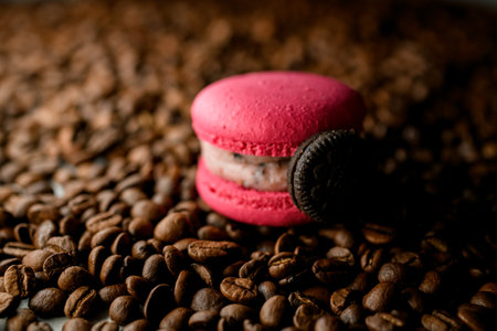 Sweet raspberry macaron dessert with cookie on coffee beans background, close up viewの写真素材