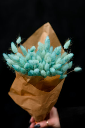 Close up view of rabbit tail grass dried flowers bunch of green color wrapped in paper on black backgroundの写真素材