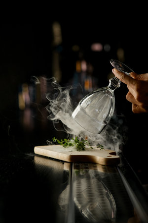 The bartender raises cocktail glass and lets out smoke from under it behind the bar. Effective presentation of the drinks menu. Dry ice effect.の写真素材
