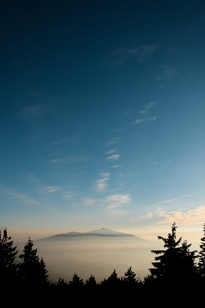 Scenery view on snow covered mountain peak with fir trees on foreground and beautiful blue sky with...