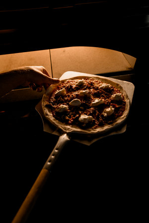 Crafting culinary excellence. Chef places pizza in oven using shovel.の写真素材