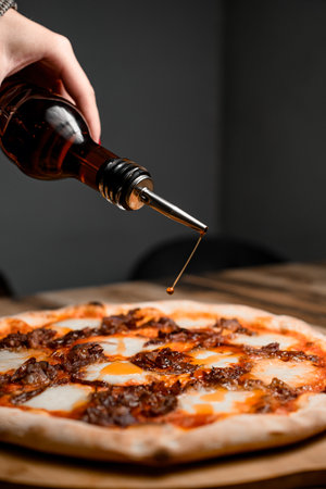 Pouring olive oil over pizza for flavorful enhancementの写真素材