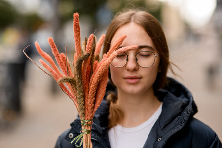 Young pretty brown-haired girl stands on a city street with a bouquet