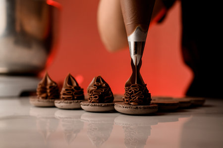 Female hands of a confectioner squeeze chocolate cream onto halves of macaroons on the tableの写真素材