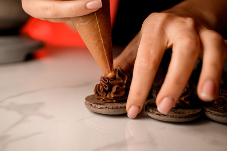 Female hands hold half of a chocolate macaroon and apply caramel cream on it