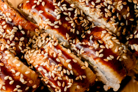 Cropped close-up photo of sushi rolls covered in sauce and sprinkled with sesame seedsの写真素材