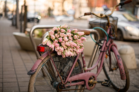 Street and bicycle with a bouquet of beautiful soft pink tulipsの写真素材