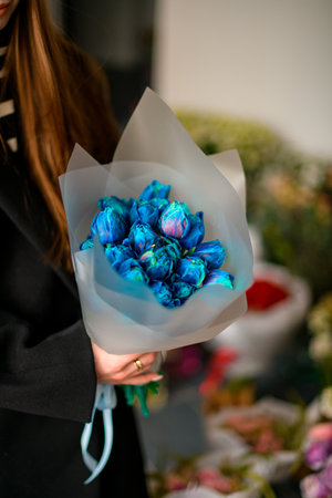 Young brunette woman holding delicate bouquet of bright blue tulips in hands.の写真素材
