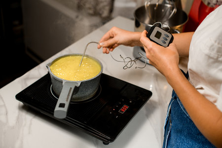 Woman confectioner controls the preparation of syrup with a kitchen thermometerの写真素材