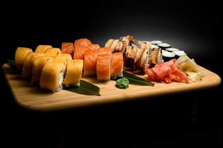 Set of philadelphia sushi rolls with salmon, eel and tuna and makiの写真素材
