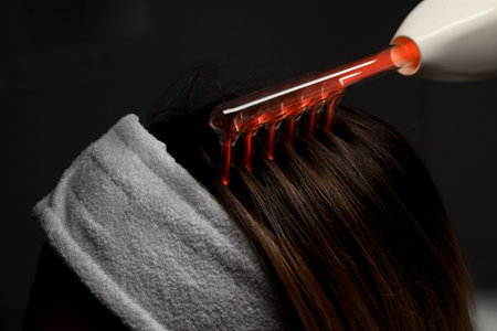 Darsonval device with a hair attachment combs a womans hair in a beauty salon