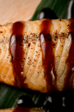 Close up of eel with teriyaki on a leafの写真素材