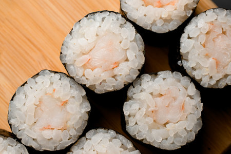 Top view of rolls with young shrimpの写真素材
