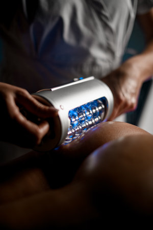 Female hands of a beautician are performing an anti-cellulite massage on the buttocks of a woman, close-upの写真素材