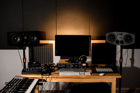 Recording studio desk with a monitor and all the necessary equipment for recording music