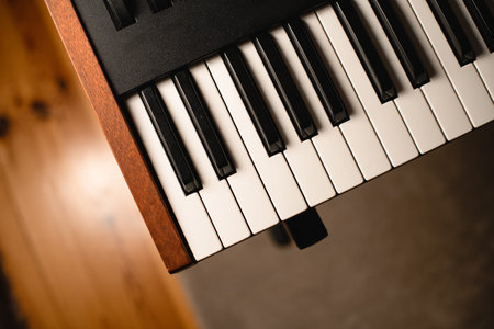 Close-up top view of part of the synthesizer keys