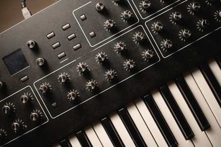 Top view close-up of a synthesizer part with various controls for changing the musicの写真素材