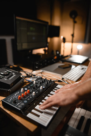 In the recording studio, professional equipment is located on the table, male hands press the keys...