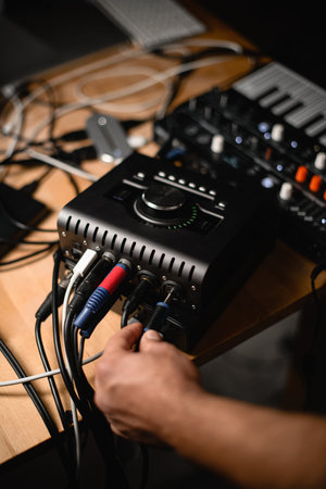 Close up top view of male hand connecting cable to audio interface in recording studio