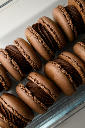 Cropped close-up photo of brown macaroons smeared with chocolate creamの写真素材
